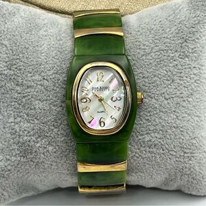 Joan Rivers green lucite pearl inlay and Gold Timepiece